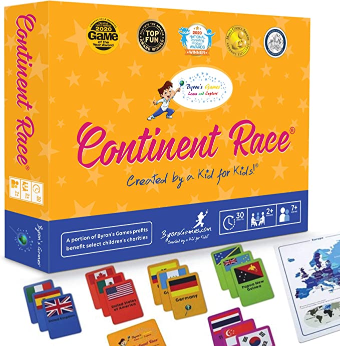 Continent Race boardgame box, cards and playmap