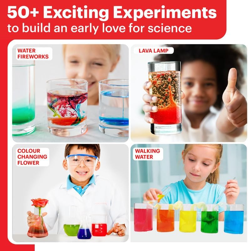 Examples of experiments you can do with Doctor Jupiter My First Science Kit: water fireworks, lava lamp, colour changing flower, walking water
