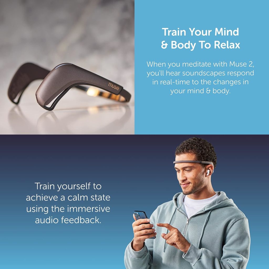 Graphic with the text: Train your mind& Body to relax next to a picture of MUSE 2