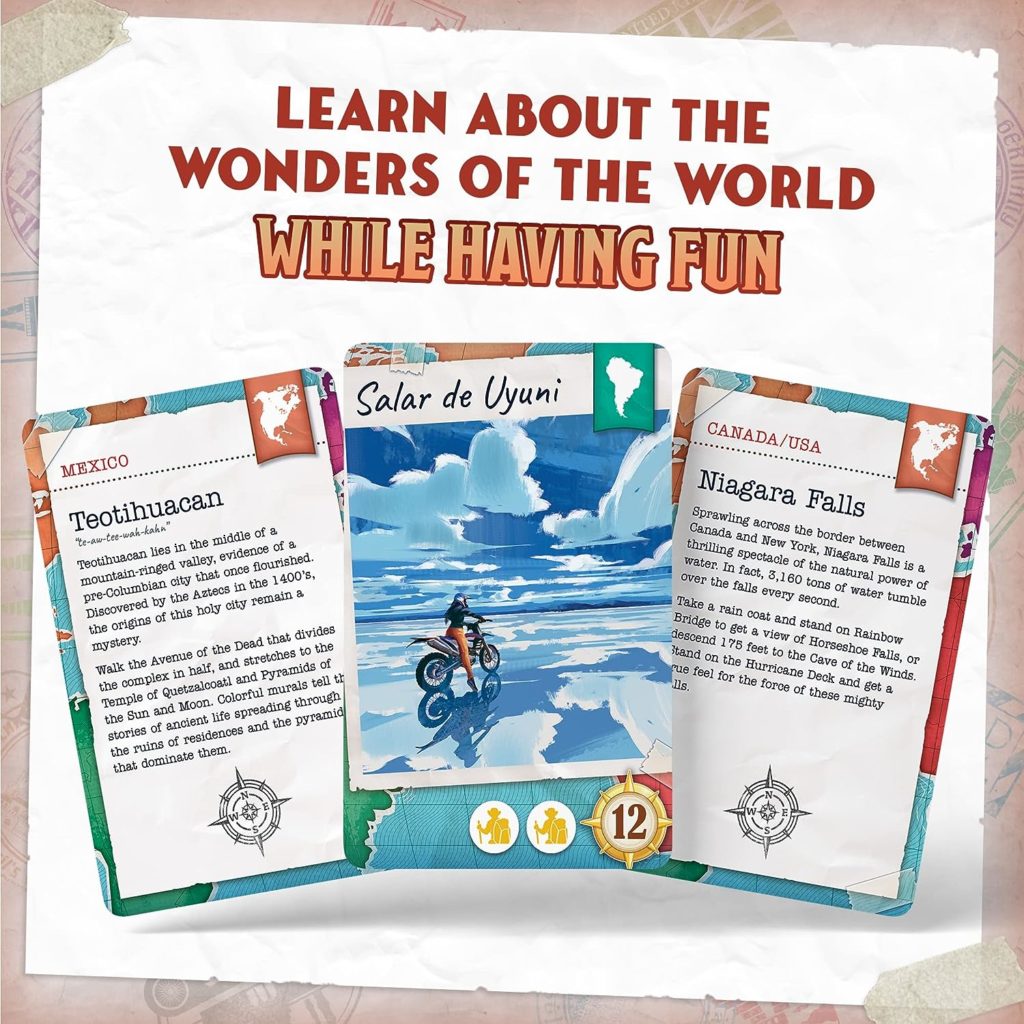 Three gameplay cards. The front shows gameplay mechanics and on the back educational information