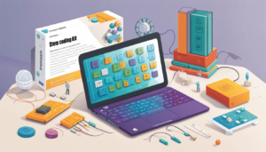 Illustration of cognitive coding toys with a laptop in front of it