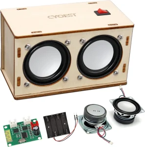 Build your own Bluetooth speaker kit fully assembled and some components in front of it