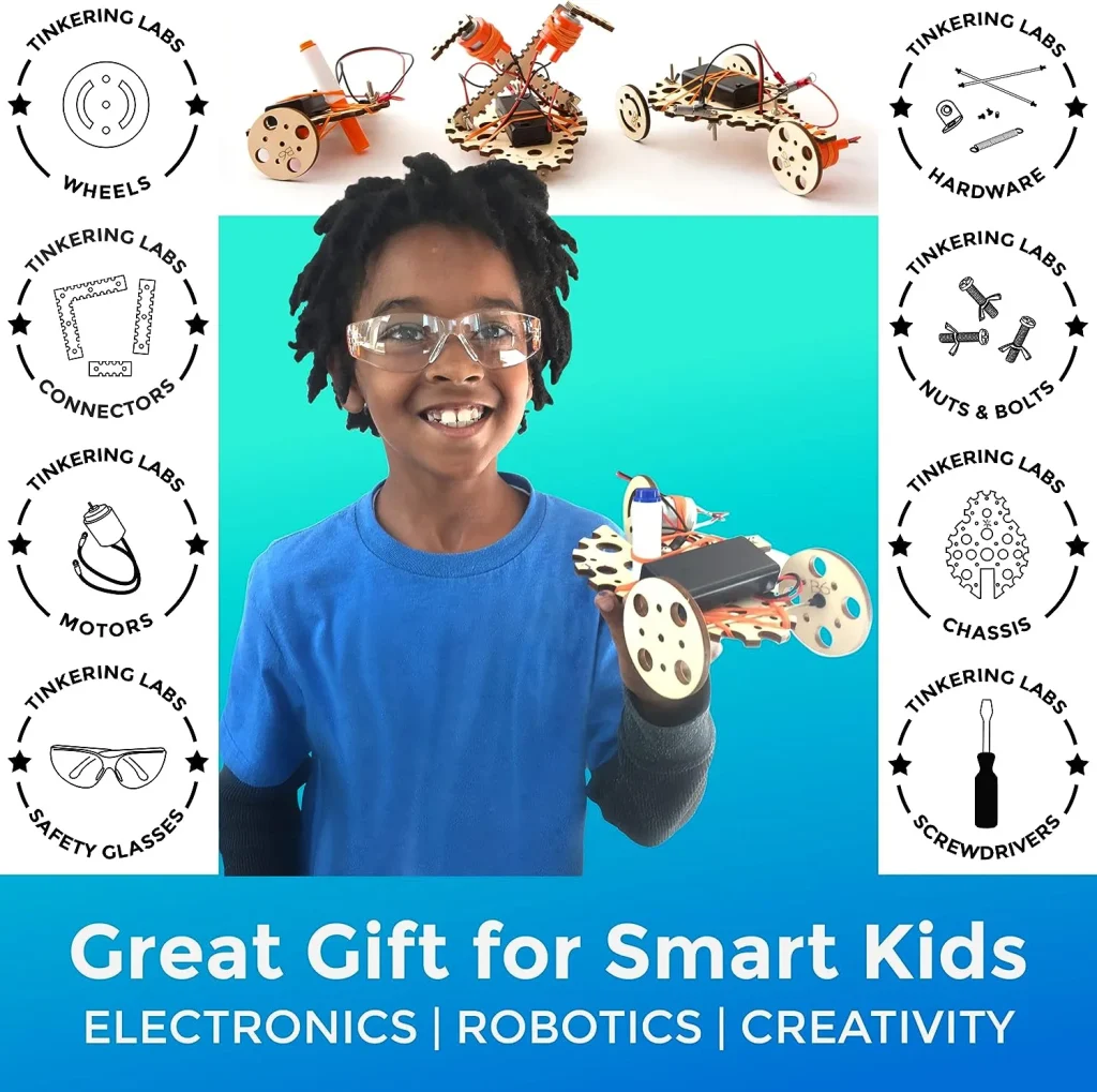 Boy holding a build example with the text "great gift for smart kids" underneath