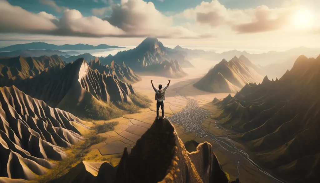 Person on top of a mountain with hands in the air symbolizing achieving their goal