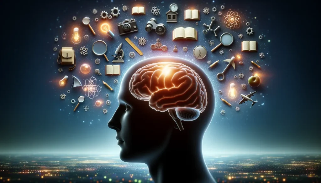 Silhouette of a person's head with a glowing brain, surrounded by educational icons like books, rulers, microscopes, and magnifying glasses.