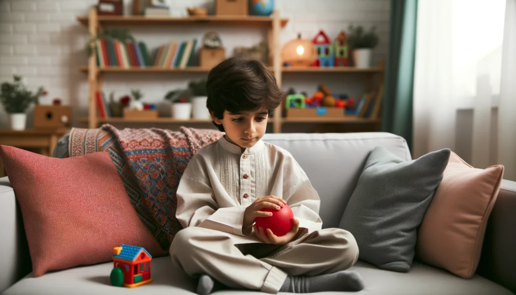 Child descent on sofa with educational toys, squeezing a red stress ball in thought.