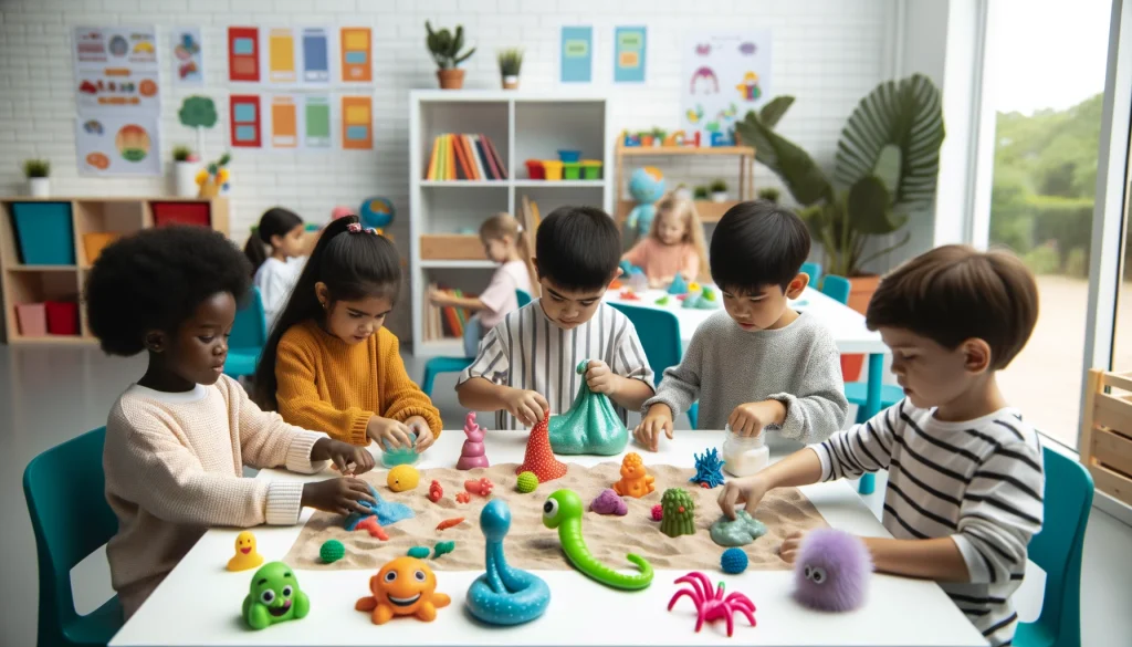 Children exploring sensory toys in a bright educational classroom.