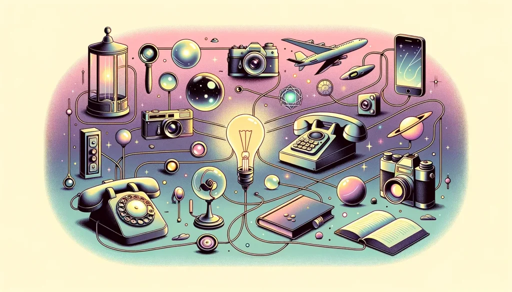 Illustration of vintage telephones, books, old-fashioned cameras, glowing orbs, and metallic devices linked