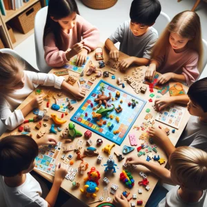 Diverse children playing educational board games and toys on a table.