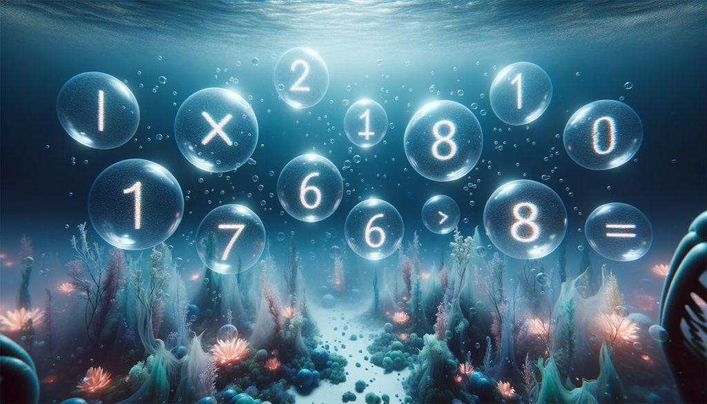 Underwater scene with glowing plants and math symbols in bubbles