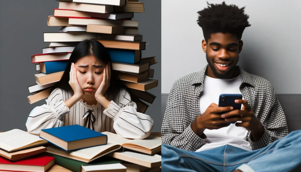 On the left: Stressed student studying traditionally. On the right: relaxed male student using a mobile device to studying using microlearning.
