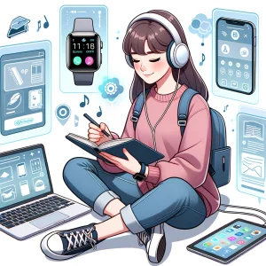 Female student writing notes with headphones, surrounded by holographic displays of educational tech devices.