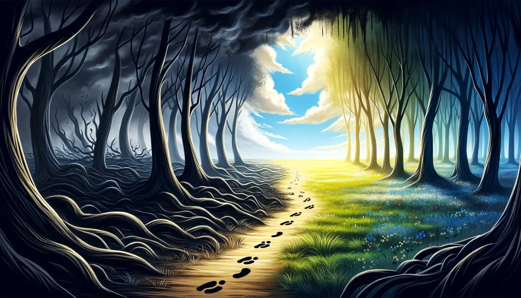A series of footsteps leading from a dark, tangled forest into a bright, open meadow