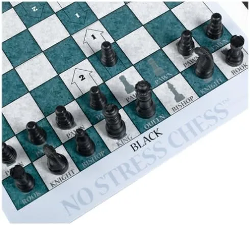 No Stress Chess board showing where to place the pieces and the legal moves