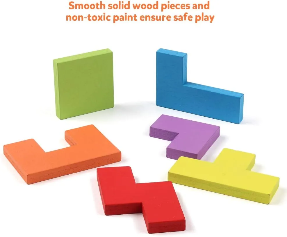 Some play blocks with text: Smooth solid wood pieces and non-toxic paint ensure safe play