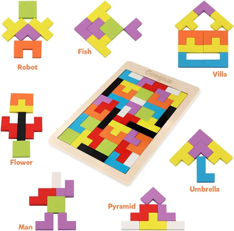Various shapes that can be made with the puzzle pieces: Robot, Fish, Villa, Umbrella, Pyramid, Flower, Man