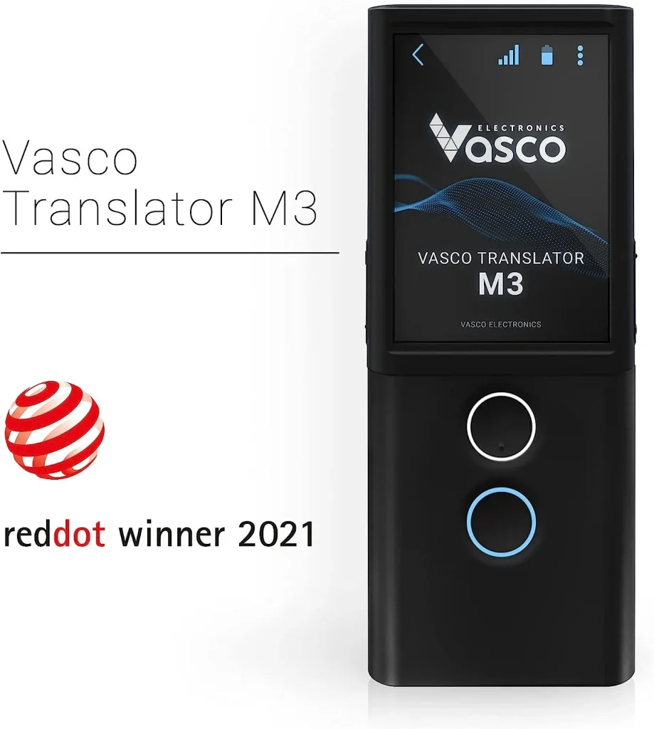 Vasco m3 language translator device next to the text: Reddot winner 2021