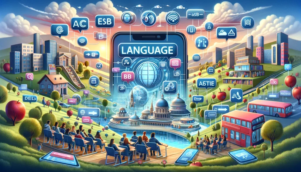 illustration of adult language learning: people in front of a big screen displaying a language app