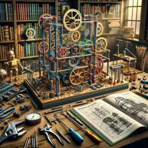 Engineering kit construction from many gears in a studious scenery