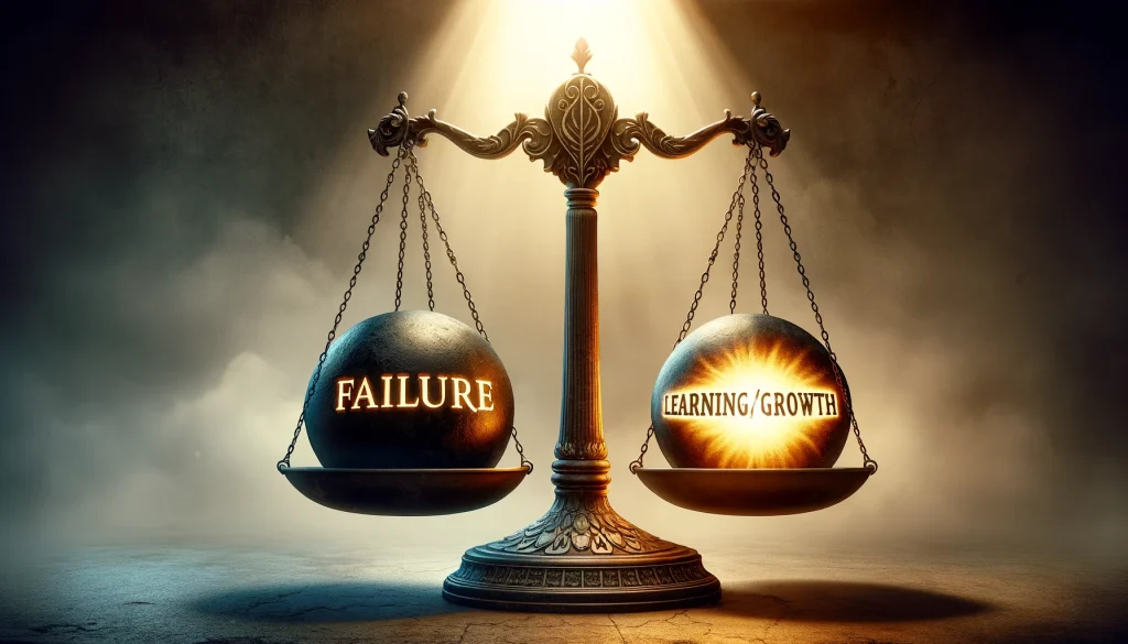 Balancing scale with on the left the word failure and on the right learning/growth, tipping slightly to the right