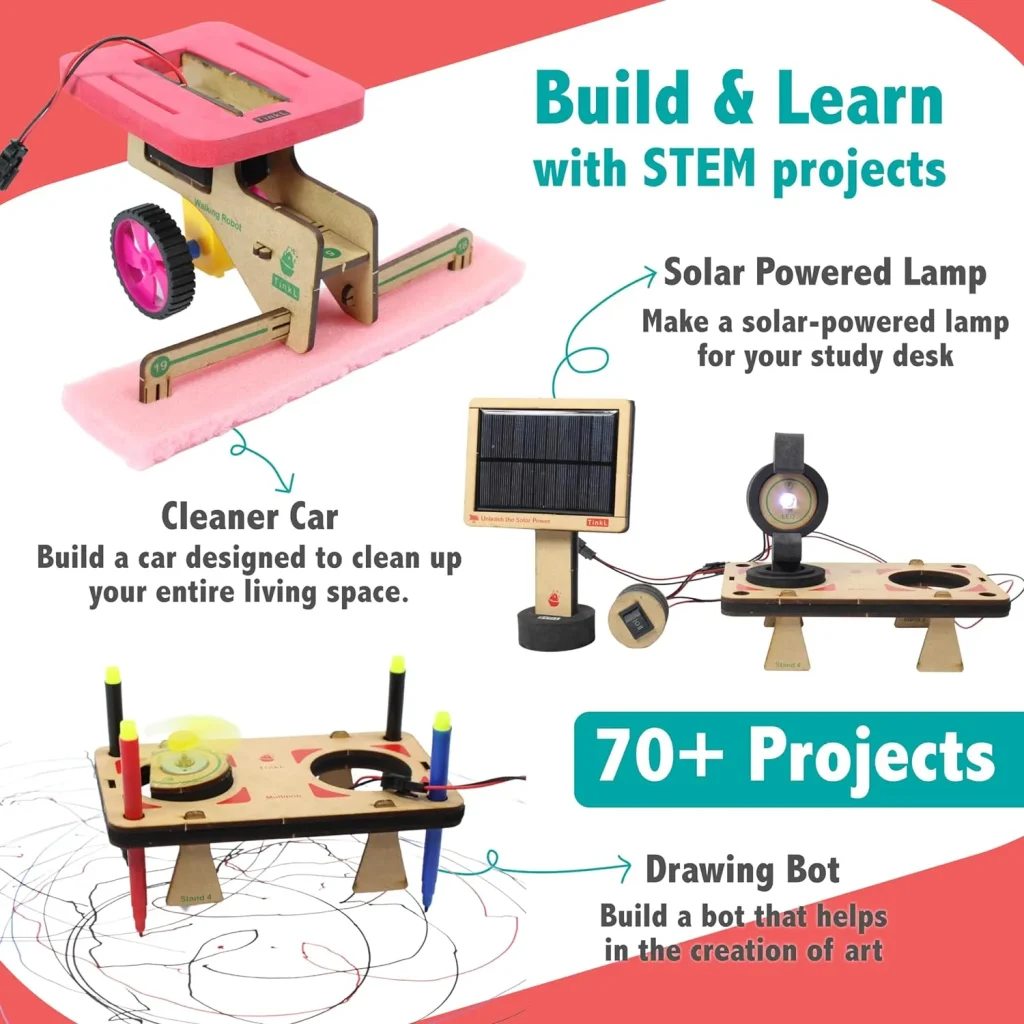70+ DIY Science Projects kit example builds: cleaner car, solar powered lamp, drawing bot