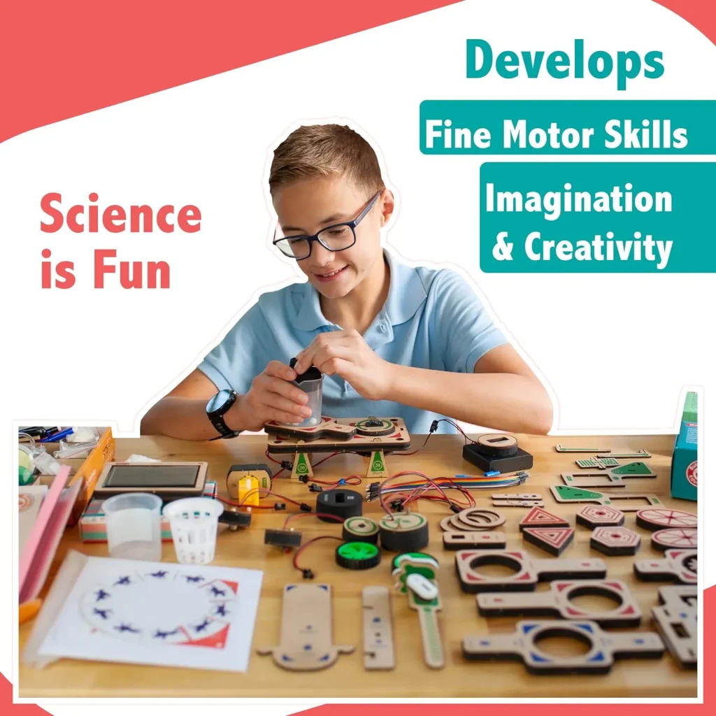 Boy making science kit build with text: Science is fun and develops find motor skills, imagination and creativity