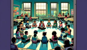 Illustration Waldorf education: children in class sitting in circle doing group work